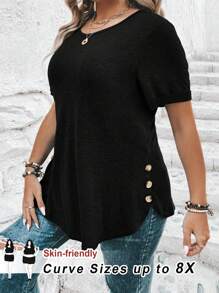 SHEIN CURVE+ Plus Size Women's Casual Long T-Shirt: Skin-Friendly Knitted Fabric, Round Neck, Short Sleeves, Asymmetrical Hem With Button Details, And Semi-Sheer Design For Effortless Style. - Black - View 1