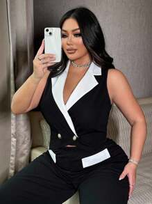 NU&NOW 女式大码优雅撞色西装外套，下摆不对称，正式商务背心，春夏