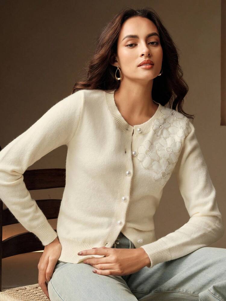 Women's Elegant Knitted Cardigan With Pearl Buttons And Floral Embroidery, Round Neck, Suitable For Autumn/Winter