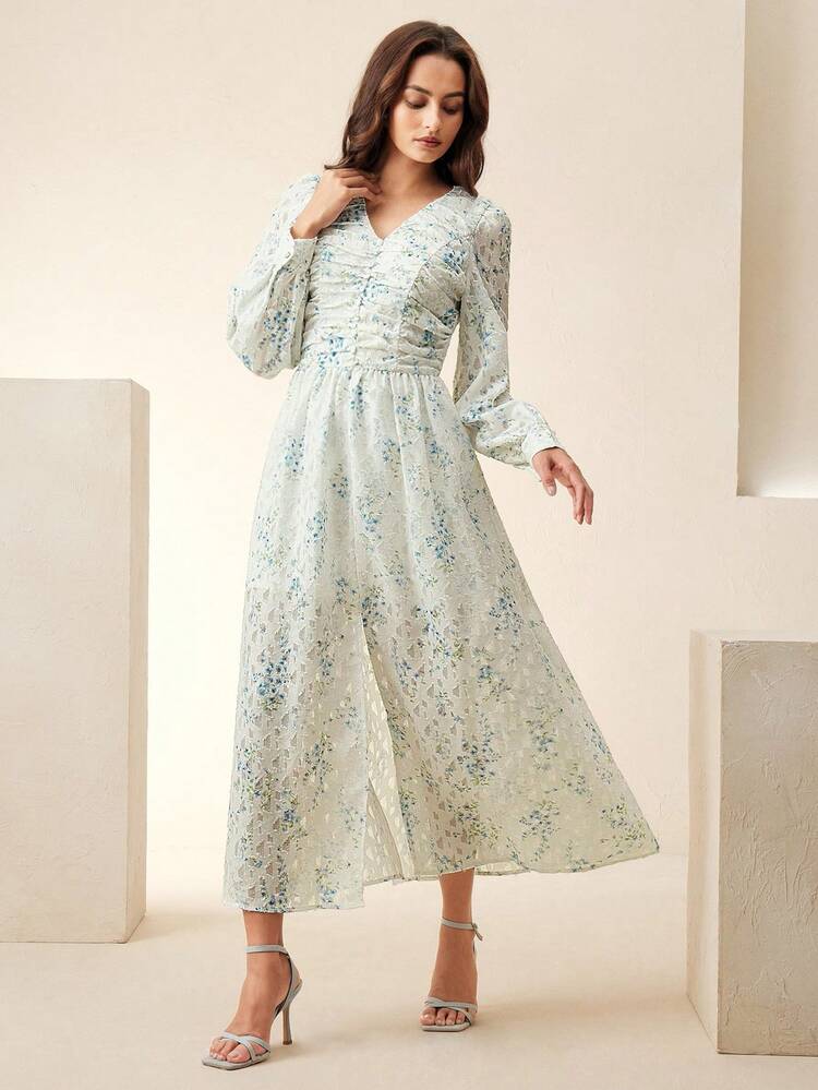 Women's Spring/Summer Elegant Full Floral Print V-Neck Lantern Sleeve Pleated Bodice Maxi Dress