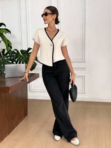 Serisse Women's Ribbed V-Neck Short Sleeve Single-Button Loose Knit Top, Fall Women Clothes, Back To School, Teacher Outfits For Women ,Business Casual Woman, Women's Solid Color V-Neck Button Decorated Elegant Fashion Vest,   Tops Business  Sasual Woman Commuter Simple Temperament Office Summer Vest Apricot Elegant Going Out Tops Women, Tops For School - Apricot - View 6