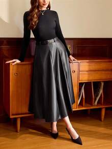 Vintamour 复古经典优雅女式半身裙，秋冬宽松 PU 皮革 A 字裙，带腰带、口袋，黑色，长款 - 黑色 - 查看 7