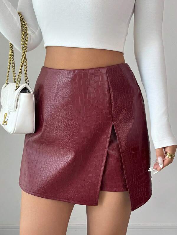 Elenzga Women's Burgundy PU Leather Crocodile Embossed Texture Asymmetrical Hem Design 2 In 1 High Slit Elegant Shorts