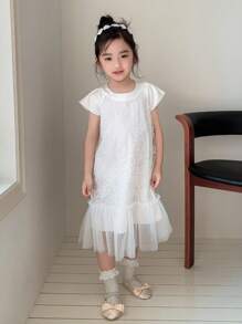 Dazy Kids 年轻女孩花卉提花网眼鱼尾下摆连衣裙 - 白色 - 查看 7