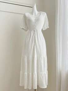 INAWLY Vestido largo de manga corta para mujer de talla grande, elegante, con bordado de ojal y decoración de botones, para verano - Beis - Ver 1