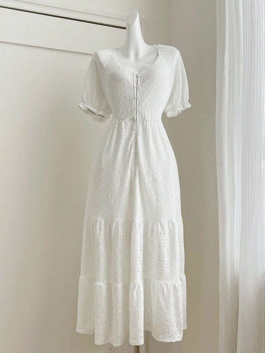 INAWLY Vestido largo de manga corta para mujer de talla grande, elegante, con bordado de ojal y decoración de botones, para verano - Beis - Ver 1