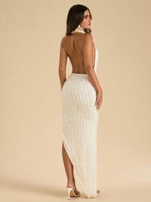 SHEIN BAE Women's Elegant Sexy Solid Color Plunging Neck Asymmetric Hem Backless Halter Dress, Summer White Dress White Party Dress White Halter Dress Rehearsal Dinner Dress,Wedding Guest Dress Women,Birthday Dresses For Women ,Club Outfits Women Sexy,Brunch Outfits For Women