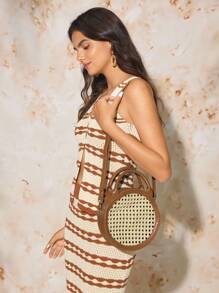 SHECARRY Summer Women's Fashion Minimalist Versatile Hollow Woven PU Patchwork Round Handbag And Shoulder Bag, For Commuting, Dating, Vacation, Daily - Brown - View 2