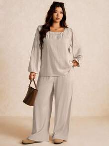 Elaquor Conjunto casual de 2 piezas de blusa de manga farol de cuello cuadrado y pantalones de unicolor para mujer de talla grande - Albaricoque - Ver 1