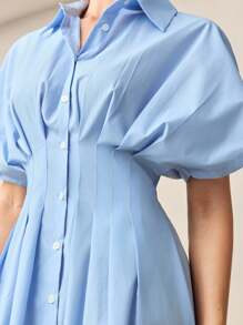 BizChic 2025 Herbst/Winter Neue elegante romantische urbane professionelle Pendler Business Lässig Büromode, geeignet für Hochzeitsgäste, Partys, Konzerte, Brunch, Flughafen, tägliche Mode, vielseitige Schichtung, Hemdkleid für Frauen mit blauem Kragen, Knopfverschluss vorne, Falten an der Taille