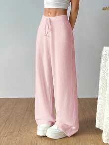 SHEIN EZwear Women's Casual Versatile Solid Color Ribbed Wide Leg Pants,Fall Comfy Pants Lounge Pants Pink Sweatpants