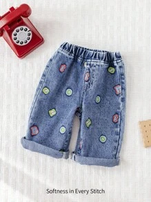 Cozy Pixies 婴幼儿男女款松紧腰休闲牛仔字母印花阔腿裤，舒适百搭，秋冬 - 藍色 - 查看 3