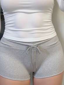 INAWLY Plus Size Summer Casual Solid Color Drawstring Low Waist Shorts - Grey - View 3
