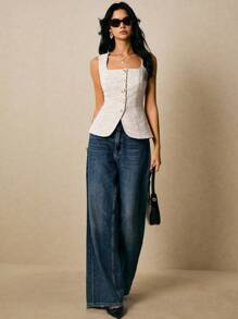 Poéselle Damen Top, gestrickter Tweed mit Metallknopfleiste, Rückentaille-Bindung, asymmetrischer Saum, Damen Top, Damen Top mit quadratischem Ausschnitt, einreihig, modische Rückentaille-Bindung, Trägerhemd, Herbst Tops, Herbstkleidung für Damen, Winterkleidung für Damen, Herbst Outfits, Ausgeh-Tops, Y2K, Business Lässig Frau