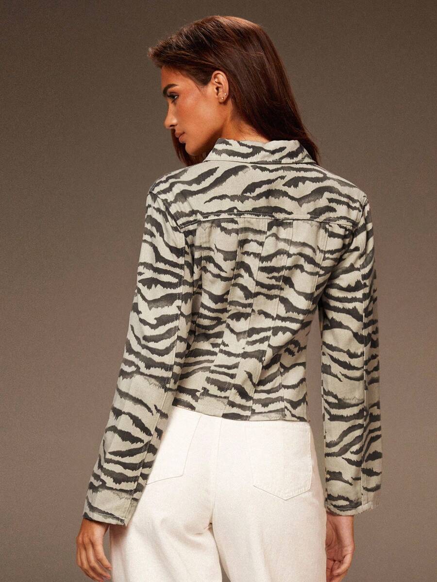 Athîral Women's Casual Zebra Print Denim Jacket, Fall Women Clothes,Winter Jacket Women,Halloween Clothes - Khaki - View 1