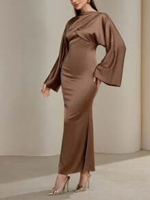 Veilorie Váy đuôi cá tay loe màu trơn thanh lịch dành cho nữ - Màu nâu  Mocha - Xem 6
