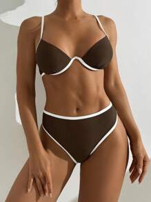 Swim Basics 2pcs/Set New Brown Steel Bra Strappy Back Tie Bow Elegant Sexy Bikini Swimsuit For Women For Summer Beach Vacation