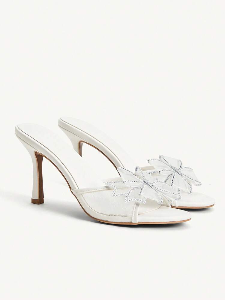 CUCCOO SZL Women's White PU Mesh Patchwork Silver Rhinestone Butterfly Decor Elegant Round Toe Mule High Heel Sandals, Suitable For Summer And Wedding Season