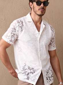 Manfinity VCAY 男士刺绣针织衬衫，适合度假 - 杏色 - 查看 2