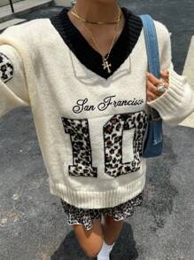 SHEIN 少女休闲黑白撞色美式复古学院情人节 V 领黑白心形印花套头衫，简约时尚休闲日常穿着，返校 - 黑與白 - 查看 8