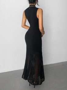 Elenzga Women's Elegant Fitted Mock Neck Organza Patchwork Hem Sweater Dress