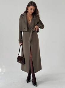 Aloruh 女士纯色翻领长袖短外套和无袖长外套秋冬休闲套装