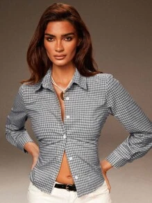 Athîral Women's Casual Commuter Plaid Cropped Shirt,Fall Women Tops, Women Blouses, Preppy Tops - Multicolor - View 5