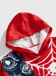 ROMWE MEN Anime Men's Casual Eye Print Hooded Pullover Sweatshirt, Autumn/Winter - Red - View 4