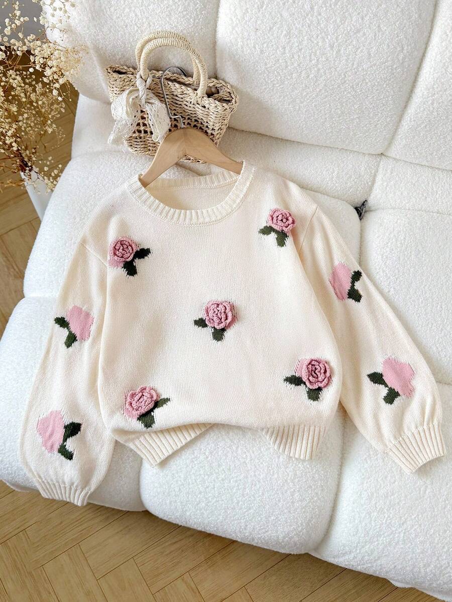 SHEIN LMoss Kids 青少年女孩休闲时尚法式百搭针织玫瑰花 3D 提花套头衫，适合周末、休闲外出、返校、万圣节、圣诞节、新年 - 米色 - 查看 1