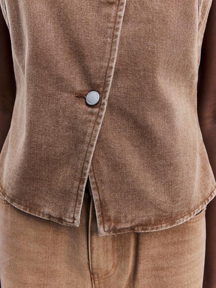 SHEIN Maija Débardeur en denim bleu col en V, simple boutonnage, ample et décontracté, sans manches. Convient pour le printemps/été, tenue occidentale pour femmes, 4 juillet, Saint-Jean, remise de diplômes, vacances