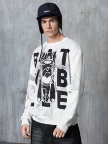 BATMAN X SHEIN 男士字母图案圆领长袖卫衣 男士蝙蝠车图案卫衣 男士图案卫衣 标语卫衣 - 白色 - 查看 4