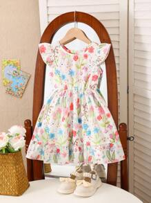 女童优雅印花圆领荷叶袖露背蝴蝶结装饰腰部荷叶边下摆休闲时尚连衣裙，适合度假旅行，夏季女童蝴蝶结连衣裙 - 紅色 - 查看 2