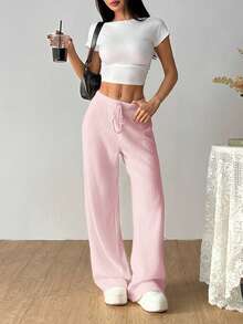 SHEIN EZwear Women's Casual Versatile Solid Color Ribbed Wide Leg Pants,Fall Comfy Pants Lounge Pants Pink Sweatpants
