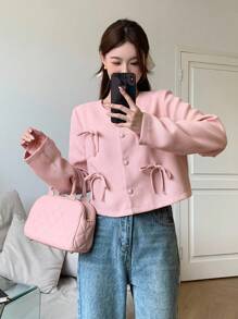 SHEIN 少女蝴蝶结装饰前扣圆领优雅长袖粉色夹克外套，适合春季、秋季、冬季、春节、聚会、派对、通勤，适合多种场合，返校 - 粉色 - 查看 4