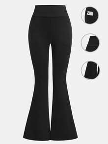 SHEIN Girlism 少女高腰紧身弹力瑜伽休闲喇叭裤，带口袋 - 黑色 - 查看 3