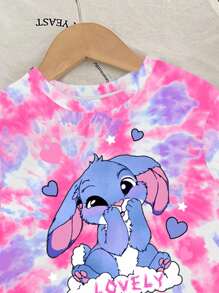 SHEIN 女宝宝可爱兔子卡通印花扎染圆领短袖T恤和针织打底裤可爱两件套，夏季 - 彩色 - 查看 6