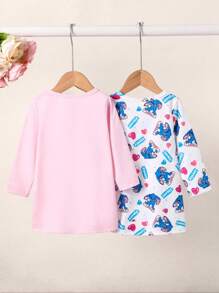 SHEIN 2pcs Baby Girl Cute Blue Rabbit Print Round Neck Long Sleeve Casual Dress, Suitable For Everyday Wear, Spring/Autumn - Multicolor - View 2
