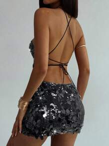 Aloruh Bộ đồ 2 món áo hai dây và chân váy mini đính sequin không đối xứng màu trơn gợi cảm dành cho nữ - màu đen - Xem 2