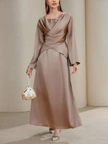Veilorie Women's Elegant Solid Color Wrap Around Dress - Mocha Brown - View 1