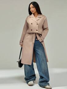 SHEIN PETITE 女款三穿风衣，可穿出多种场合，短款和长款风衣可自由切换，还有长款背心，秋冬四季皆可穿 - 卡其色 - 查看 4