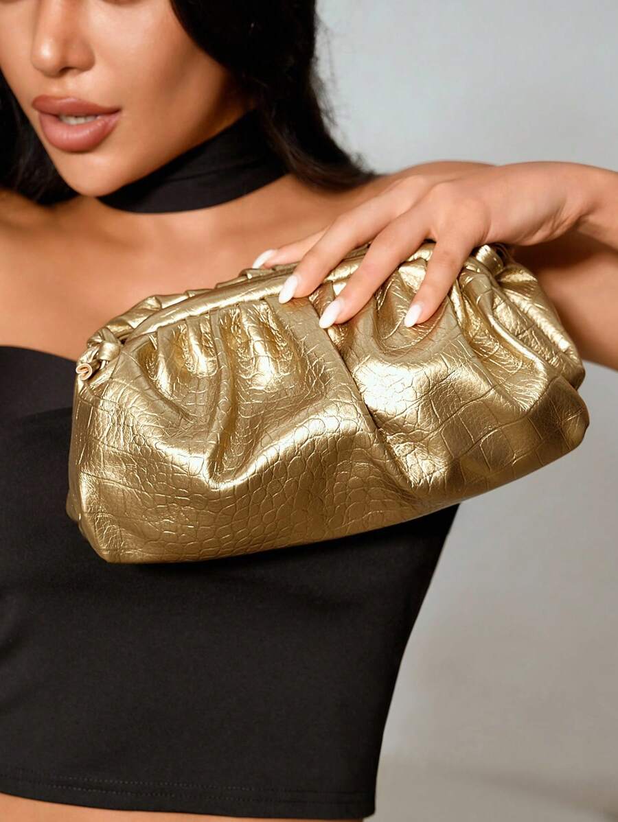 CUCCOO SZL Lightweight Crocodile Embossed Ruched Clutch Bag, Mother's Day Gift For Mom Shiny Holiday - Gold - View 1
