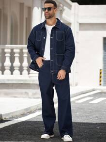 Manfinity Homme 大码男士街头风格休闲抗皱、耐用、防污口袋深蓝色牛仔西装，秋季服装 - 深色水洗藍 - 查看 6