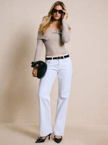 Poéselle Maglione corto casual da donna a spalle scoperte di colore unito - Cachi - Visualizzare 5