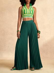 Zivah 优雅弹力腰深绿色百褶大脚加长阔腿裤女百褶裤高腰裤绿裤子女喇叭裤 - 墨綠色 - 查看 5