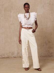 Lumalex VITNOS Fall Holiday Premium Luxury BOHO Old Money Women's Hollow Out Design Pocket Wide Leg Loose Casual Pants