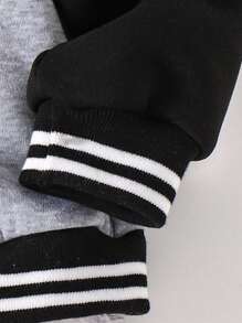 Back To School Fall Clothes Young Girls Fashion Letter Graphic Grey & Black Splice Long Sleeve Round Neck Casual Comfortable Baseball Jacket, Autumn/Winter - Black - View 3