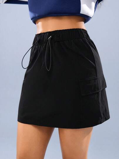 Hanevo Black Drawstring Women's Short Cargo Pocket Casual Mini Skirt