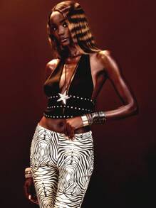 MUSERA Halter-Neck Studded Plunge Front Fitted Crop Top Birthday Vacation Holiday Ibiza Boho Festival Sexy Club Rave After-Show Cute Night Out Going Out Tops Club Party Fall Spring Summer - Black - View 7