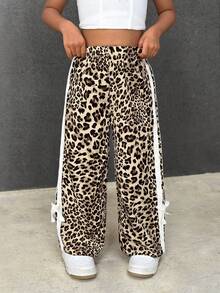 SHEIN 年轻女孩妈妈搭配休闲百搭通勤日常复古美式运动豹纹白色撞色丝带蝴蝶结宽松直筒裤，度假，夏季，旅行 - 彩色 - 查看 3