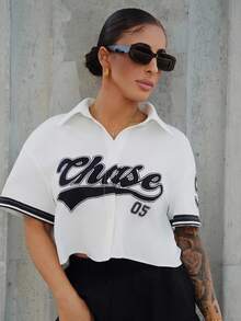 SAYEHFBABY Áo sơ mi croptop họa tiết thể thao đường phố dành cho nữ - trắng - Xem 4